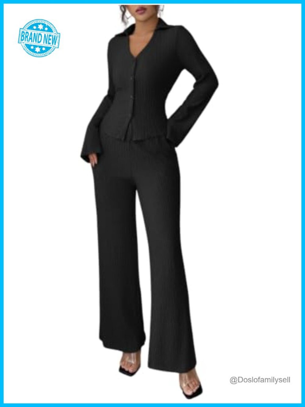 Two Piece Set Collared Button Down Top Wide Leg Flare Pants